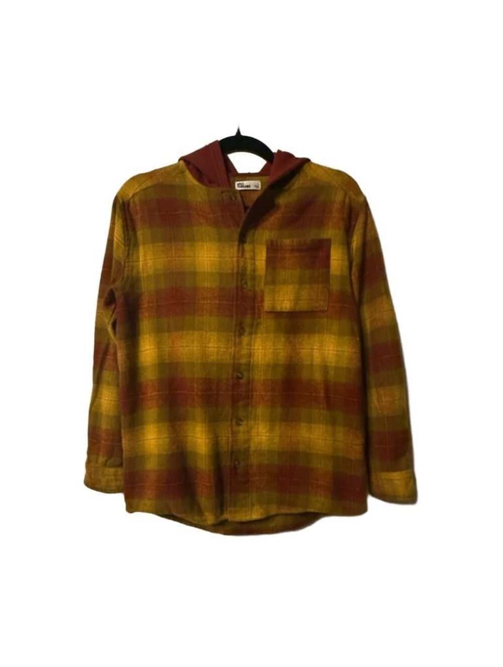 Epic Threads Plaid Hooded Button Down Shirt Size L Yellow Red